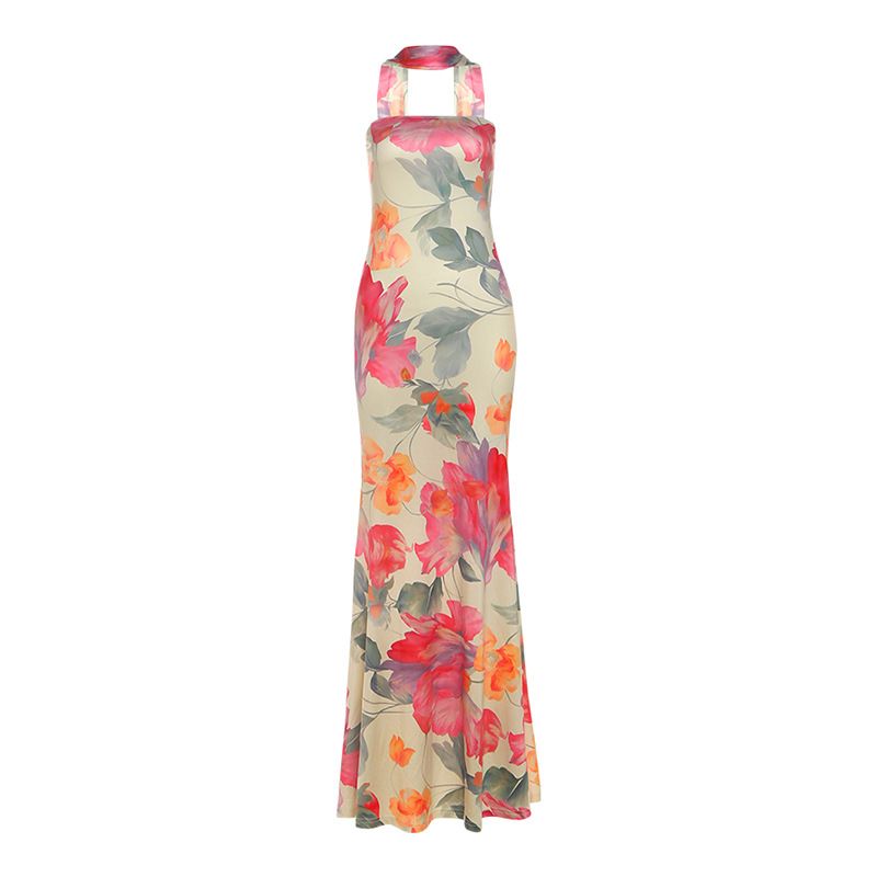 Women's Elegant Slim Fit Printed Dress European American Style Autumn New Scarf Collar Sexy Backless Strapless Regular Size_ecoleips.com