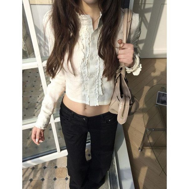French-style Commuter White Lace Trim Shirt For Women, Spring Short Button-Up Top With A Unique And Sophisticated_ecoleips.com