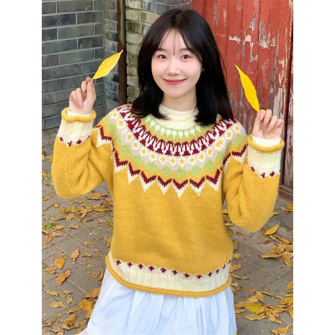 girl Korean Style Sweet Cute Round Neck Embroidered Fair Isle Sweater Female Students, Loose Thickened Pullover Knitwear For_ecoleips.com