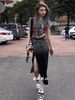 European Fashion Brand Trendy For Women Summer Short Letter Print T-Shirt High Waist Split Denim Skirt Two-Piece Set_ecoleips.com
