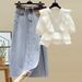 Plus Size Women's Summer Outfit Set: V-Neck Blouse & High-Waist Denim Skirt For Curvy Ladies_ecoleips.com