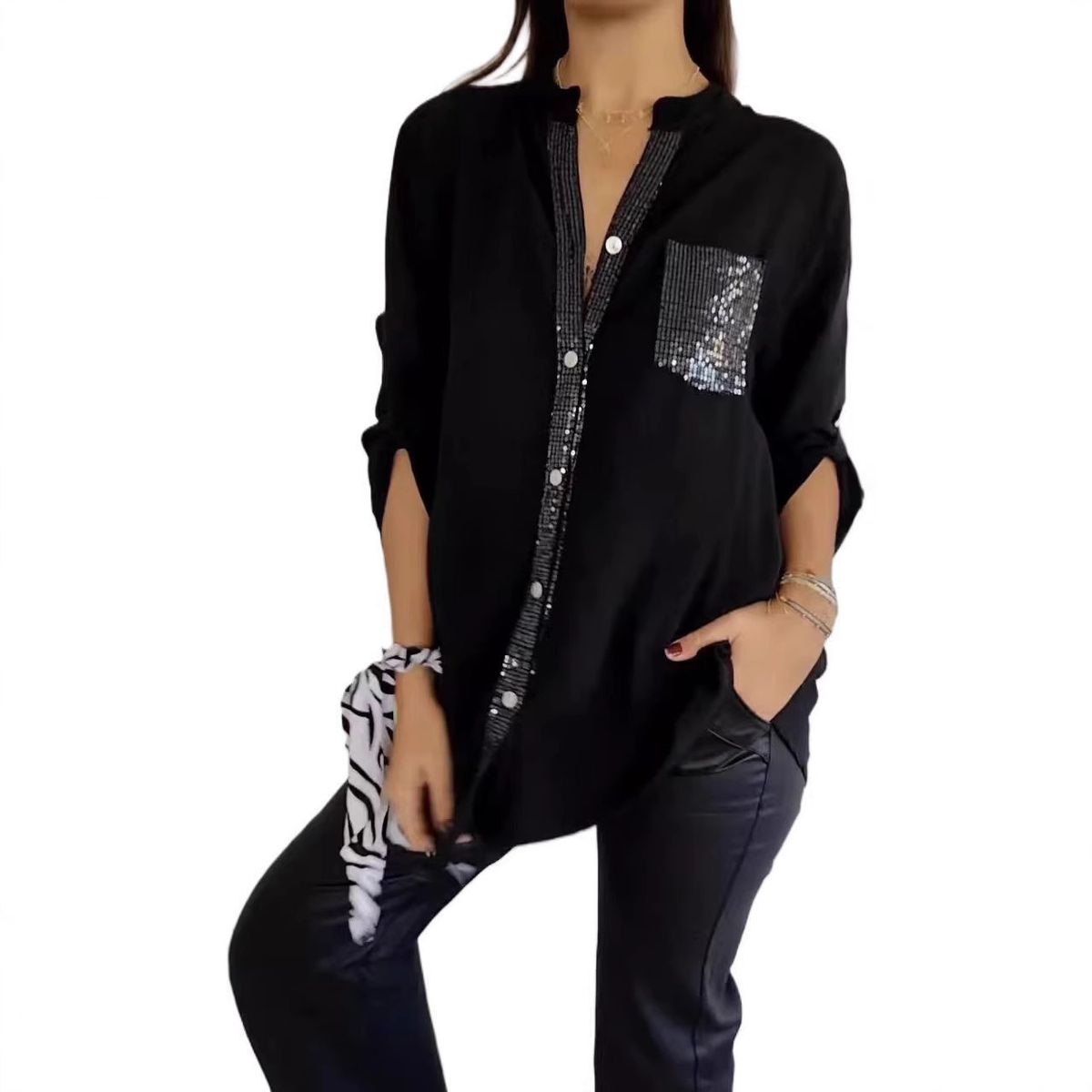 2025 New Fashion Sequin Long Sleeve Women's Shirt_ecoleips.com