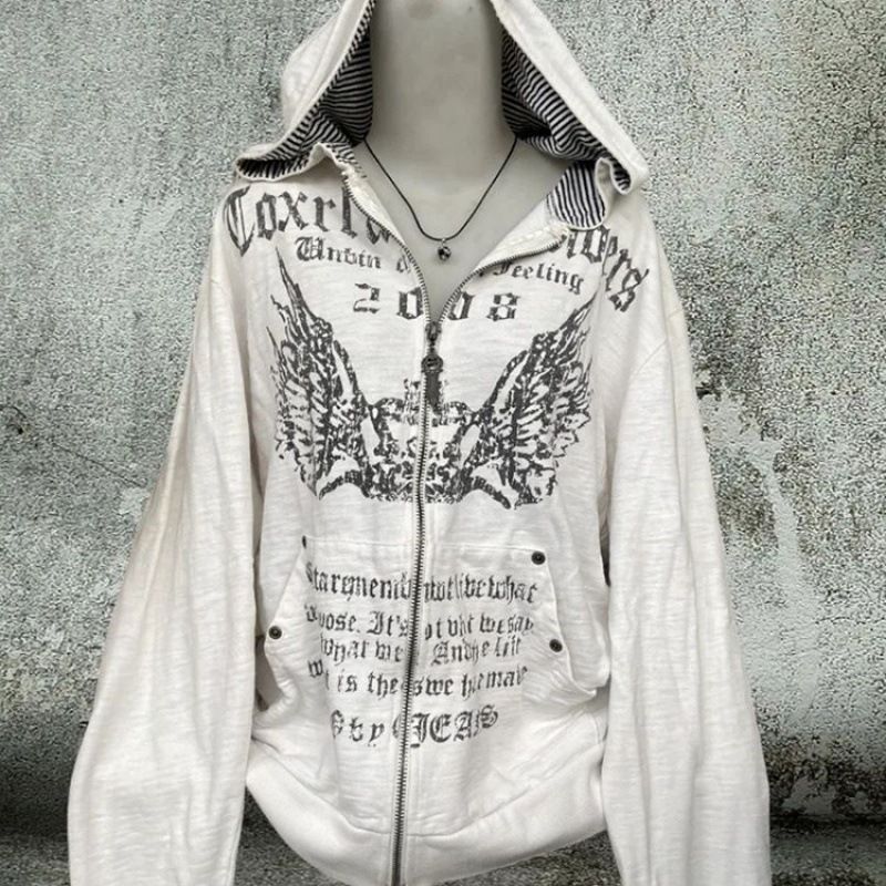 Women's Dark American Retro Graffiti Printed Hoodie Casual Sweatshirt White Lazy Subculture Jacket for Autumn_ecoleips.com