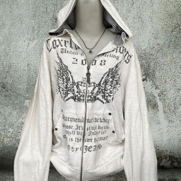 Women's Dark American Retro Graffiti Printed Hoodie Casual Sweatshirt White Lazy Subculture Jacket for Autumn_ecoleips.com