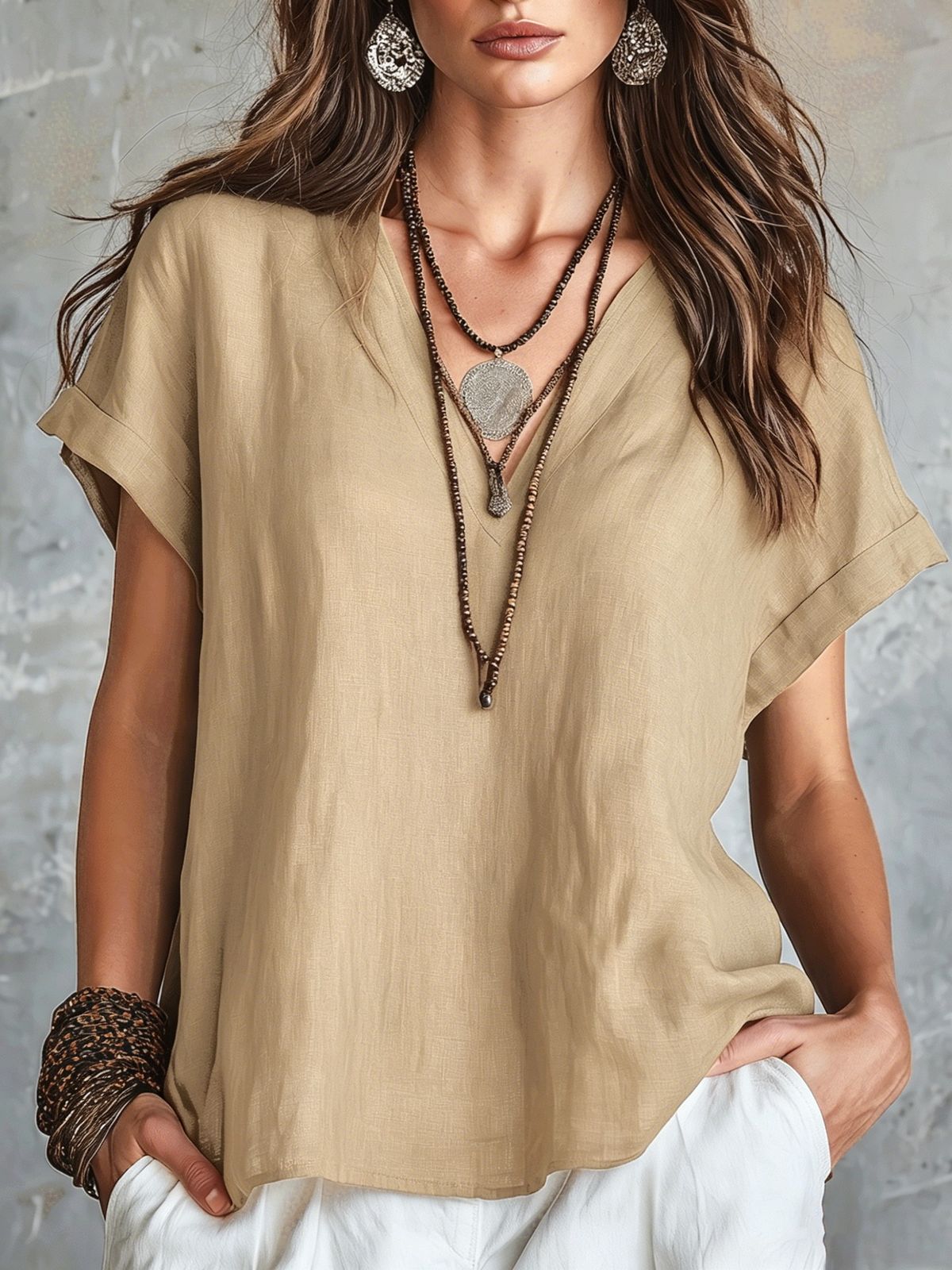 Women's Solid Color V Neck Shirt Casual Loose Short Sleeve Linen Top Spring Summer European American_ecoleips.com