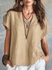 Women's Solid Color V Neck Shirt Casual Loose Short Sleeve Linen Top Spring Summer European American_ecoleips.com