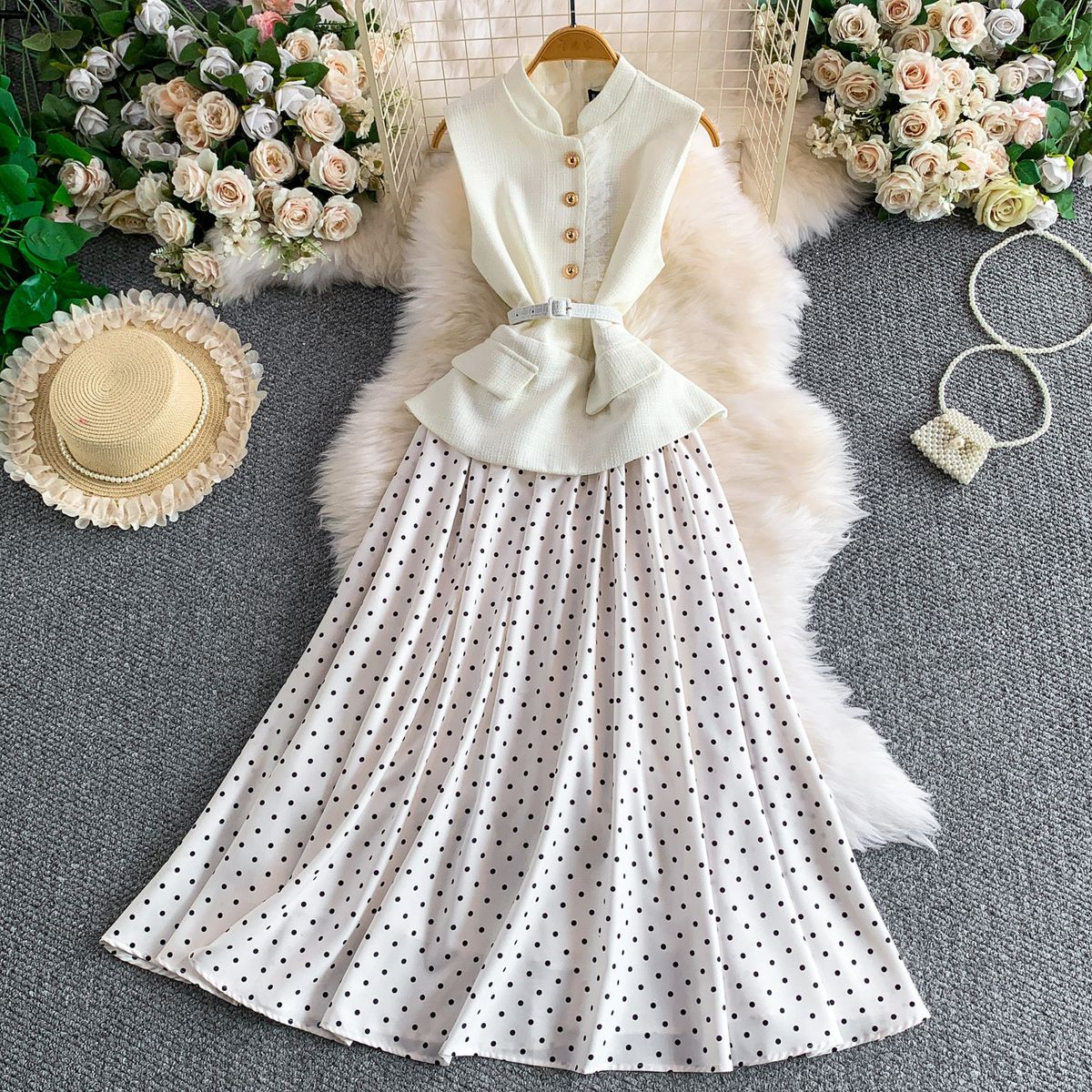 Elegant Dress with Metallic Buckle Stand up Collar Lace Tweed Satin Trim Women's Fashion_ecoleips.com