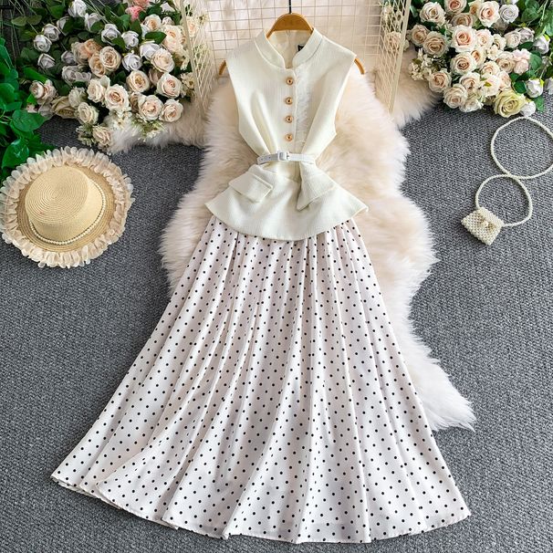 Elegant Dress with Metallic Buckle Stand up Collar Lace Tweed Satin Trim Women's Fashion_ecoleips.com