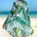 Women's Three Piece Swimsuit Set Printed Drawstring Top Long Sleeve Mesh Cover Up Boxer Briefs Fashionable Regular Fit Nylon Polyester_ecoleips.com