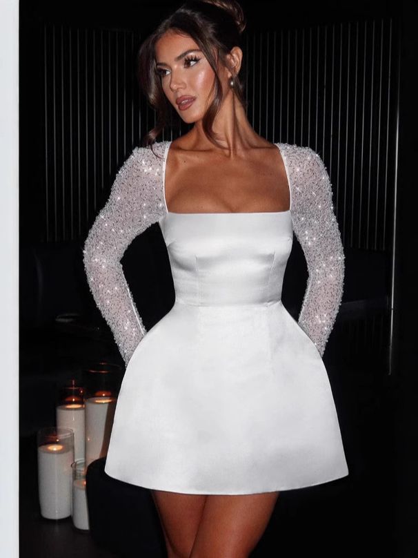 Women's Clothing Sexy Low Cut Solid Color Square Neck A Line Skirt For Women Winter New Personalized Lace Splicing Long Sleeved Dress_ecoleips.com