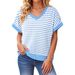 2026 Women Elegant V Neck Short Sleeve Soft Knitted Striped Loose Top_ecoleips.com