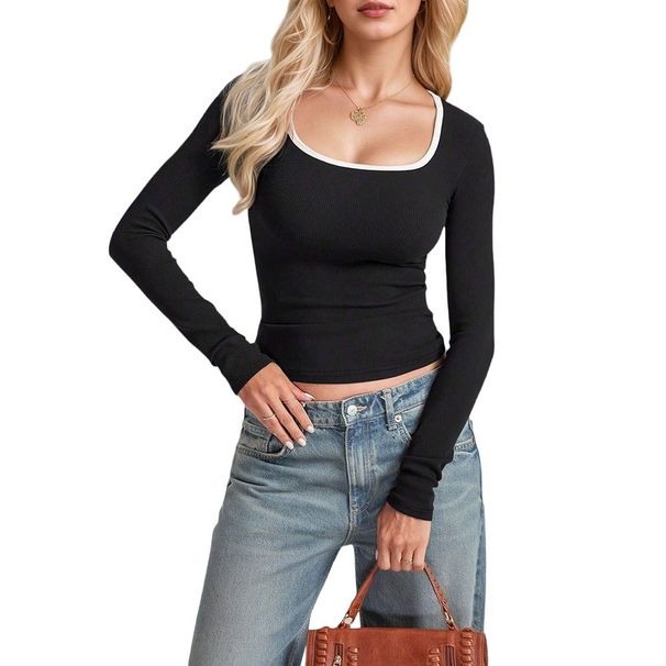 Voya Women's Threaded Slim Fit Sexy New Casual Hot Item Long Sleeved Color Blocked U-shaped Collar T-shirt Black_ecoleips.com