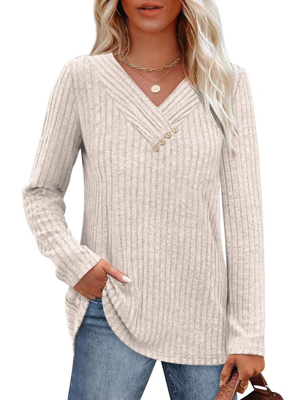 Autumn/Winter V-Neck, Pleated, Loose-Fitting Long-Sleeved Buttoned T-Shirt For Women_ecoleips.com