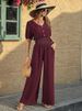 K Women's Jumpsuit Buttoned Short Sleeved V-neck Neck Pleated Jumpsuit Casual Wide Leg Pants_ecoleips.com