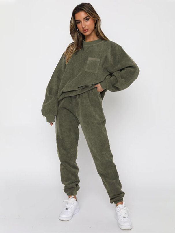 Women's Clothing Autumn And Winter Women's Plus Velvet Sports Loose Hooded Pullover Top Drawstring Trousers Casual Suit_ecoleips.com