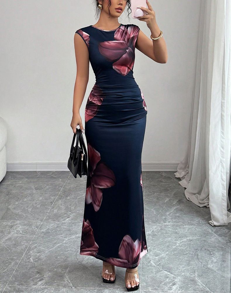 Elegant Sleeveless Bodycon Midi Dress Slim Fit Print for Evening And Special Occasions Women's Clothing_ecoleips.com