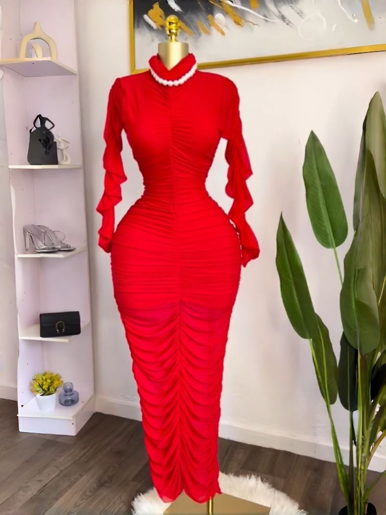 Spring American Style Women's 2-Piece Dress Set Long Sleeve Pleated Maxi Dress With Inner Camisole Sexy_ecoleips.com