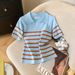 Korean Style Striped V Neck Short Sleeved T Shirt Ice Silk Knit Top for Women New 2026 Summer Real Photos_ecoleips.com