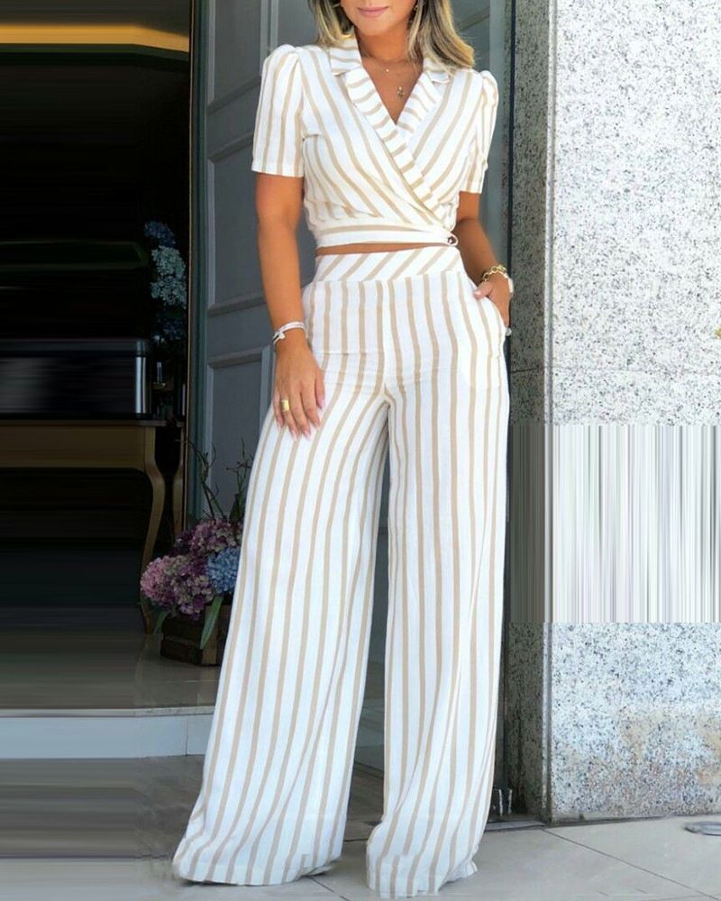Women's Clothing Brown Striped Shorts Lapel Jacket Suit Wide Leg Long Dress_ecoleips.com