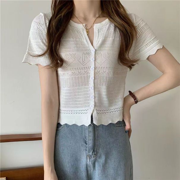 Summer New Hollow Knit Short Sleeve Sweet Cute V-Neck Cardigan Slim Fit Slimming Top For Women Trendy_ecoleips.com