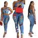 SJ3283 European And American Women's Fashion Sexy New Cartoon Patch Cuffed Jeans Set_ecoleips.com