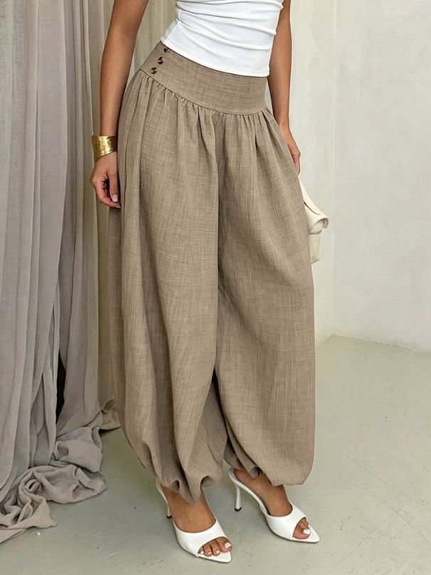 Loose High-Waisted Lantern Pants Women's Casual Cotton Linen Solid Color Drapey European American Style Harem Pants_ecoleips.com