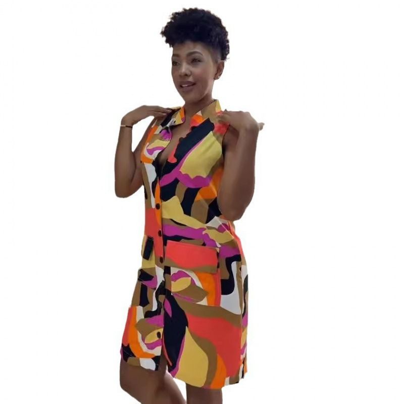 Women's Clothing Sexy Printed Sleeveless Strappy Small V Neck Vest Dress_ecoleips.com