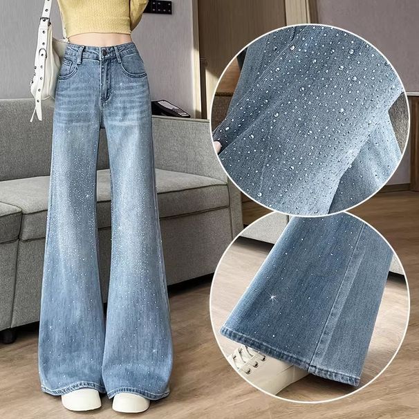 Super Popular Light-colored Sparkling Rhinestone Wide-leg Jeans For Women, 2026 Spring New Hot-selling Starry_ecoleips.com