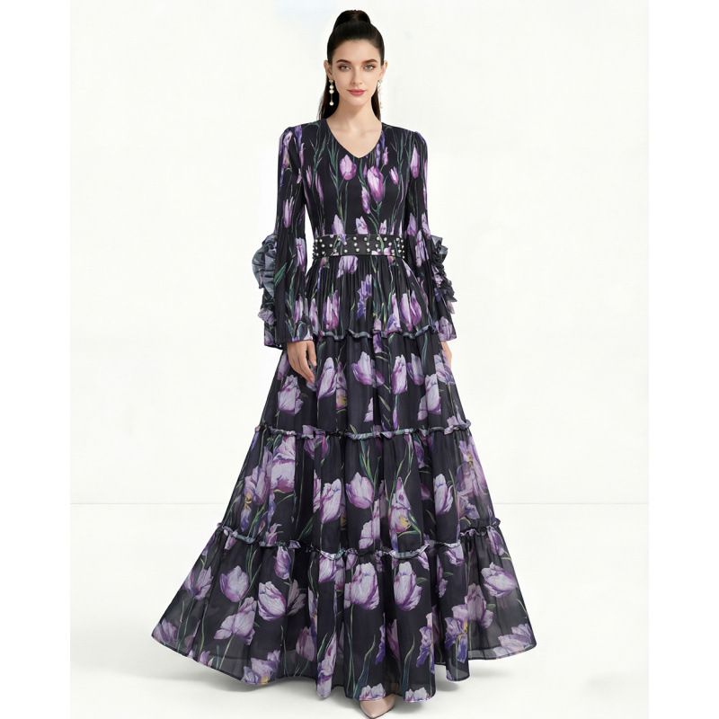 Women's Light Luxury Printed Bell Sleeve Dress European American Style Design Niche Pleated Full Skirt Trendy Cake Skirt_ecoleips.com
