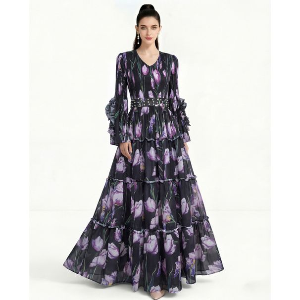 Women's Light Luxury Printed Bell Sleeve Dress European American Style Design Niche Pleated Full Skirt Trendy Cake Skirt_ecoleips.com