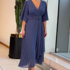 Women's Solid Color Chiffon Irregular Short Sleeve Dress plus Size Casual Maxi Dress_ecoleips.com