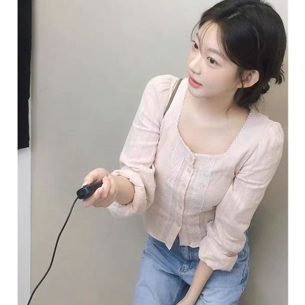 Korean-style Gentle And Sweet Lace Long-sleeve Shirt For Women, New Spring Model, Pure Cotton Tie-front Short Pink Top_ecoleips.com