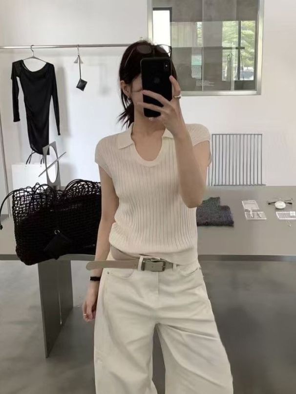 Korean-Style Polo Collar Short-Sleeve Knit For Women, 2026 Summer Slim-Fit, Unique And Niche Casual Top_ecoleips.com