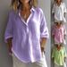 Women's Spring/Summer Casual V Neck Shirt Loose Long Sleeved Linen Top European American Style Solid Color Large Stock Available_ecoleips.com