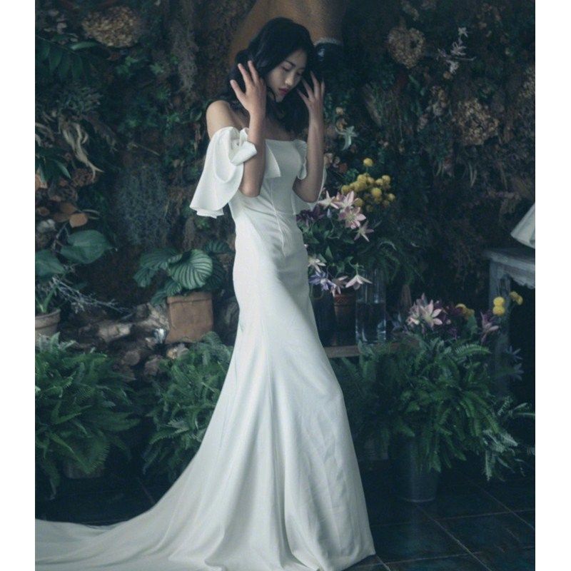 Light 2026 New Simple Off-Shoulder Mori Style Bride Wedding Mermaid French Hepburn Travel Shoot Outdoor Dress_ecoleips.com