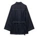 Women's Clothing Retro Indigo Blue Denim Jacket With Waist Cinching Belt Loose Long Sleeve Casual Fashion For Spring_ecoleips.com