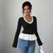 Voya Women's Spring/Summer Color Match Splicing Two Piece Lace Long Sleeve Top Design Sense Slim Fit Round Neck Bottom T-shirt_ecoleips.com