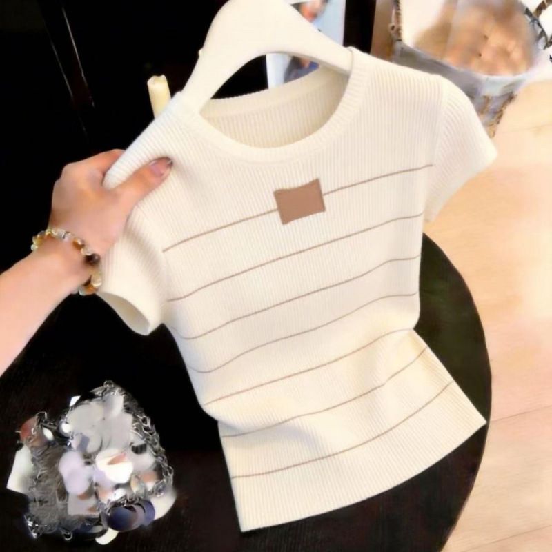 Women's Slim Fit Striped Color Block Knit Sweater Korean Style Round Neck Summer Top_ecoleips.com