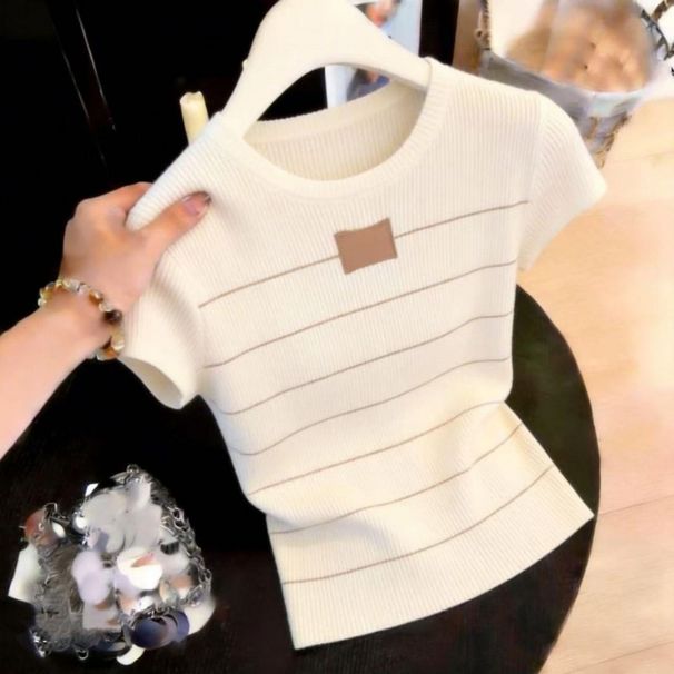 Women's Slim Fit Striped Color Block Knit Sweater Korean Style Round Neck Summer Top_ecoleips.com