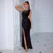 Women's Clothing Oblique Shoulder Slit Hip Wrapped Slim Velvet Sequin Dress_ecoleips.com