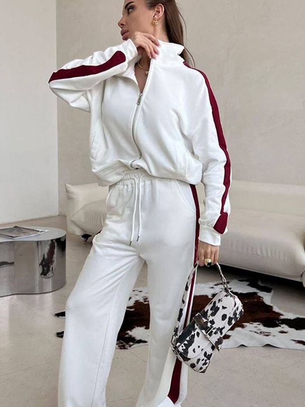 Casual Women's Color Matching Suit, Long-sleeved Zipper Cardigan Jacket, Lace-up Striped Pants, Two-piece Set_ecoleips.com