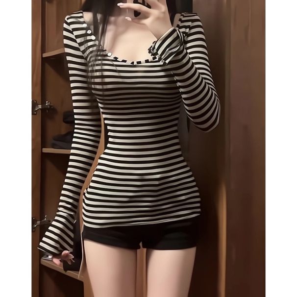Slim Fit Long Sleeve V-Neck Striped T-Shirt Women's Design Base Layer Sweet Spicy Large Collar Trendy Korean Style Top_ecoleips.com