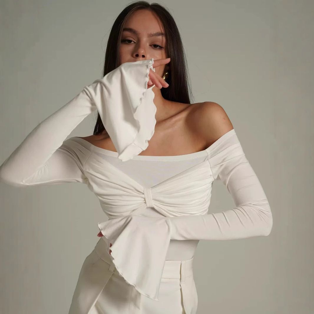 Women's Long Sleeved off Shoulder Top Lotus Flower Design Slim Fit Spring/Summer Sexy Thin Top for Casual Occasions_ecoleips.com