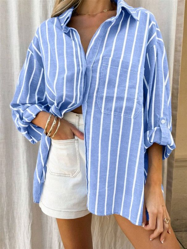 European And American 2025 Spring And Summer New Loose Polo Collar Striped Shirt Holiday Style Jacket_ecoleips.com
