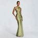 Women's Clothing Satin Off-Shoulder Long Dress Style Asymmetrical Pleated Waist Fishtail Draped Skirt Hollow Out Design_ecoleips.com