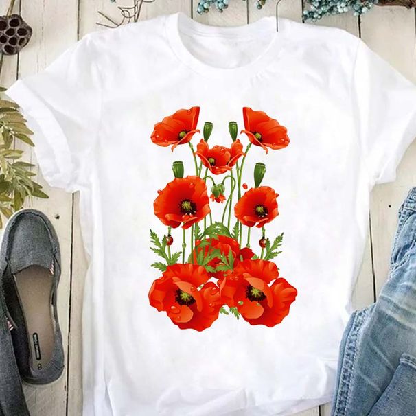 Beautiful Flower Print Women T-Shirts Casual Breathable Soft Short Sleeve Tops Loose Comfortable Street Female Clothes Pink T Sh_ecoleips.com