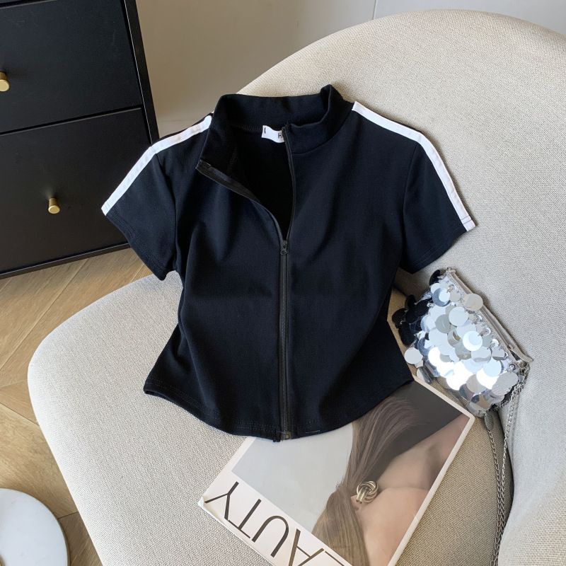 Women's Slimming Short T-Shirt Summer Sporty Zip up Top Black White Color Block Stripes in Stock Real Photos_ecoleips.com