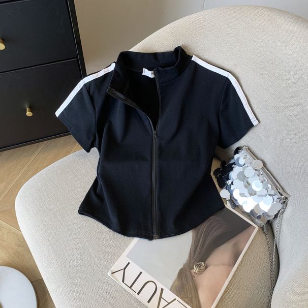 Women's Slimming Short T-Shirt Summer Sporty Zip up Top Black White Color Block Stripes in Stock Real Photos_ecoleips.com