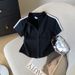 Women's Slimming Short T-Shirt Summer Sporty Zip up Top Black White Color Block Stripes in Stock Real Photos_ecoleips.com