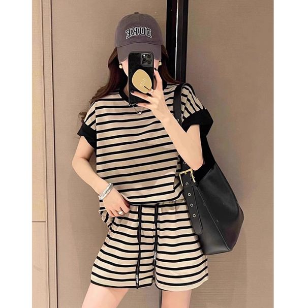 Cross-Border Foreign Trade Korean Version Casual Suit Women Striped Hit Short-Sleeved Sweatshirt Slimming Age-Reducing_ecoleips.com